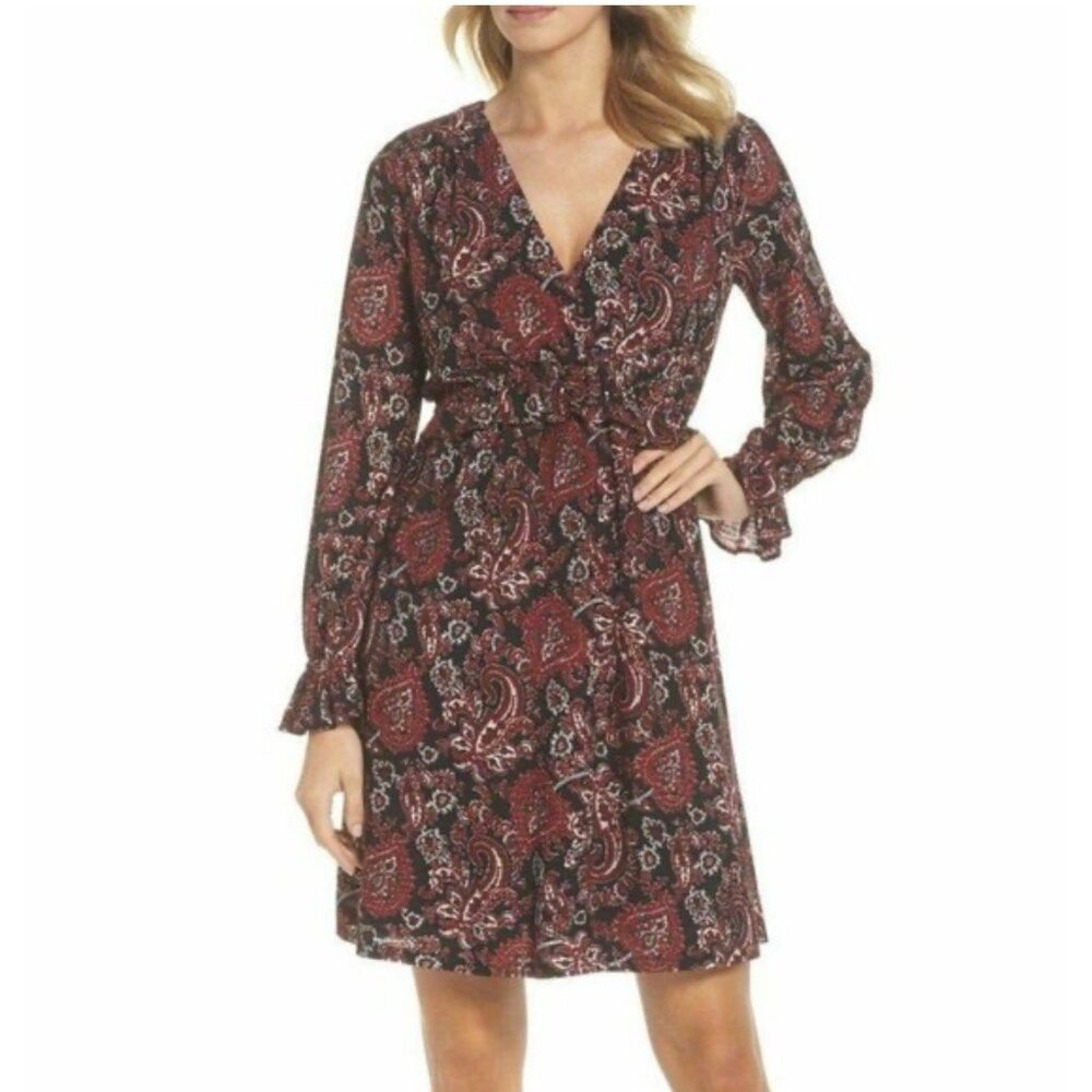 Michael Kors Blouson Dress Small 4 6 Black Red Long Sleeve Washable Career